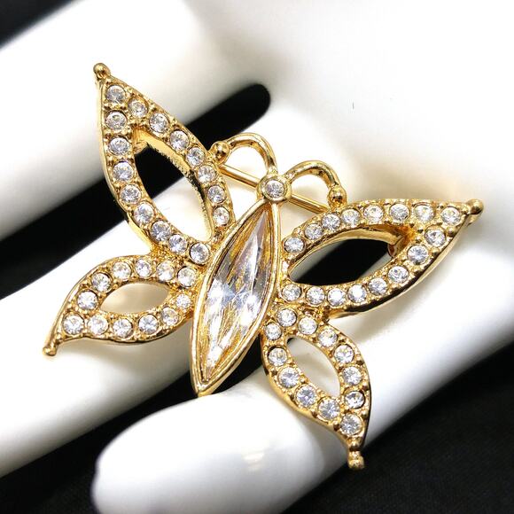 Swarovski Butterfly Swan Logo Small Brooch, Gold Plated, 1990s Vintage Jewelry - Picture 2 of 10